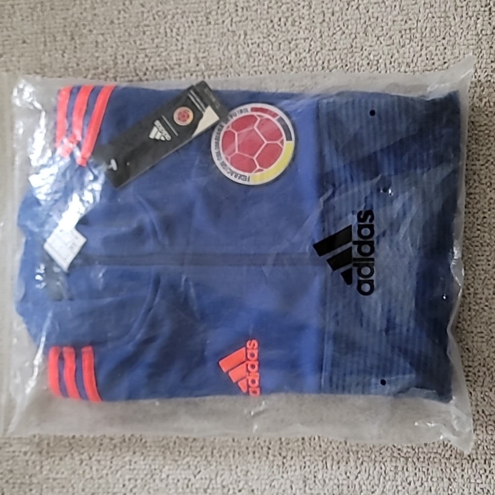 Adidas Colombia Soccer Blue Jacket with Red Stripes